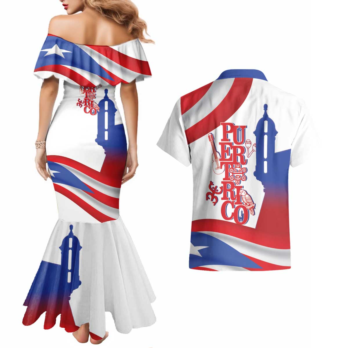 Puerto Rico Couples Matching Mermaid Dress and Hawaiian Shirt Puerto Rican Proud El Morro Flag Wave Style