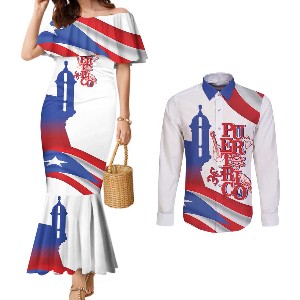 Puerto Rico Couples Matching Mermaid Dress and Long Sleeve Button Shirt Puerto Rican Proud El Morro Flag Wave Style