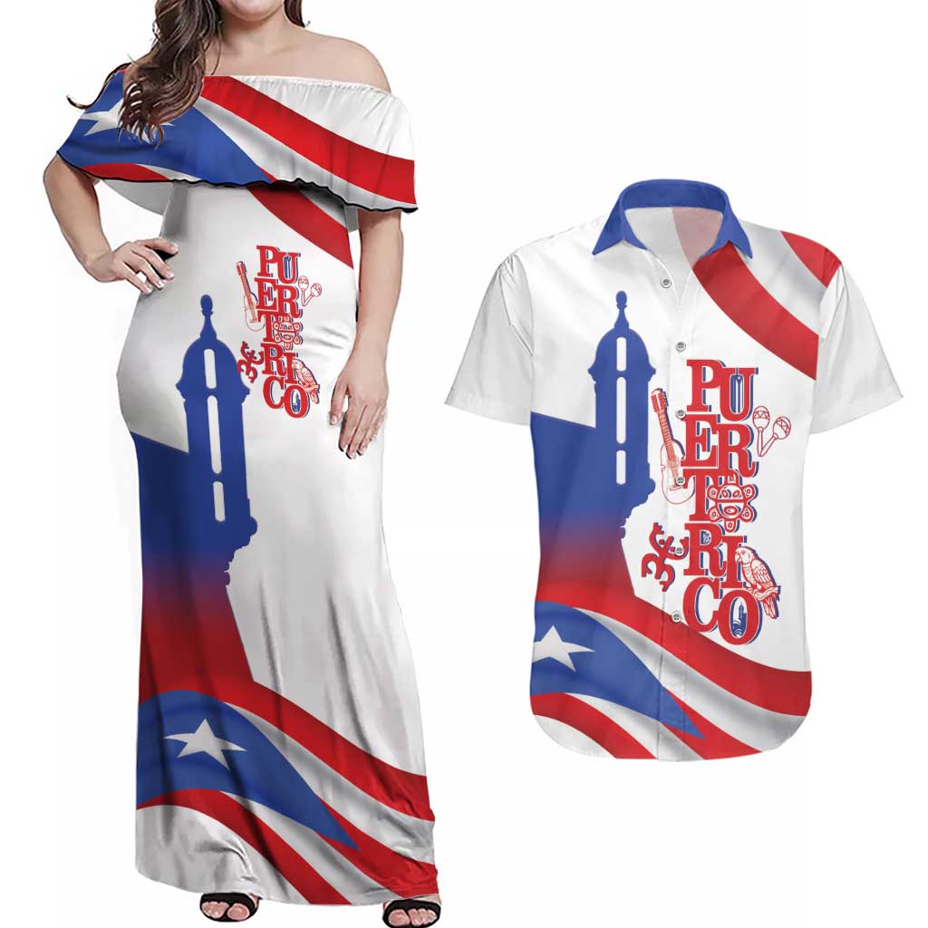 Puerto Rico Couples Matching Off Shoulder Maxi Dress and Hawaiian Shirt Puerto Rican Proud El Morro Flag Wave Style