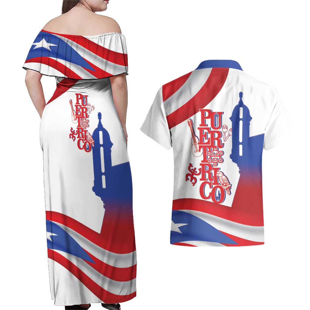 Puerto Rico Couples Matching Off Shoulder Maxi Dress and Hawaiian Shirt Puerto Rican Proud El Morro Flag Wave Style