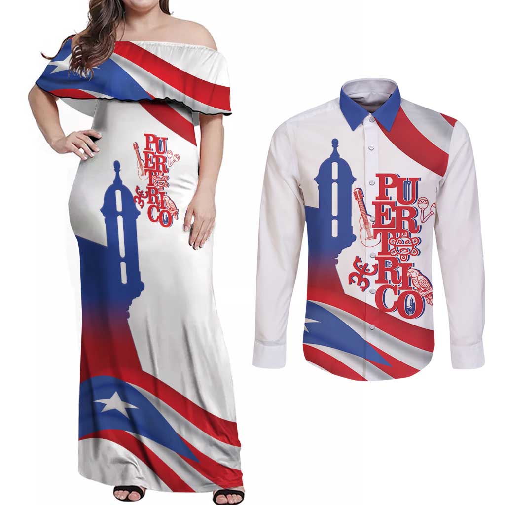 Puerto Rico Couples Matching Off Shoulder Maxi Dress and Long Sleeve Button Shirt Puerto Rican Proud El Morro Flag Wave Style