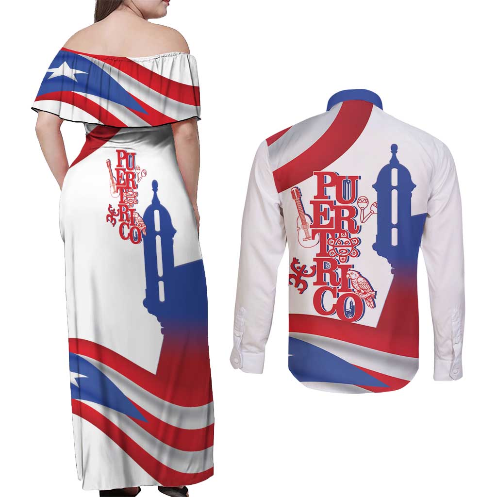 Puerto Rico Couples Matching Off Shoulder Maxi Dress and Long Sleeve Button Shirt Puerto Rican Proud El Morro Flag Wave Style
