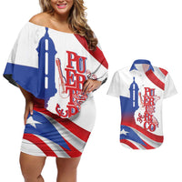 Puerto Rico Couples Matching Off Shoulder Short Dress and Hawaiian Shirt Puerto Rican Proud El Morro Flag Wave Style
