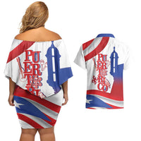 Puerto Rico Couples Matching Off Shoulder Short Dress and Hawaiian Shirt Puerto Rican Proud El Morro Flag Wave Style