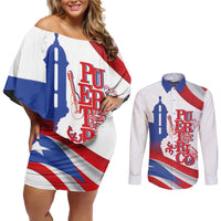 Puerto Rico Couples Matching Off Shoulder Short Dress and Long Sleeve Button Shirt Puerto Rican Proud El Morro Flag Wave Style