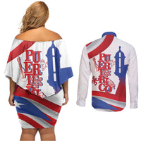 Puerto Rico Couples Matching Off Shoulder Short Dress and Long Sleeve Button Shirt Puerto Rican Proud El Morro Flag Wave Style