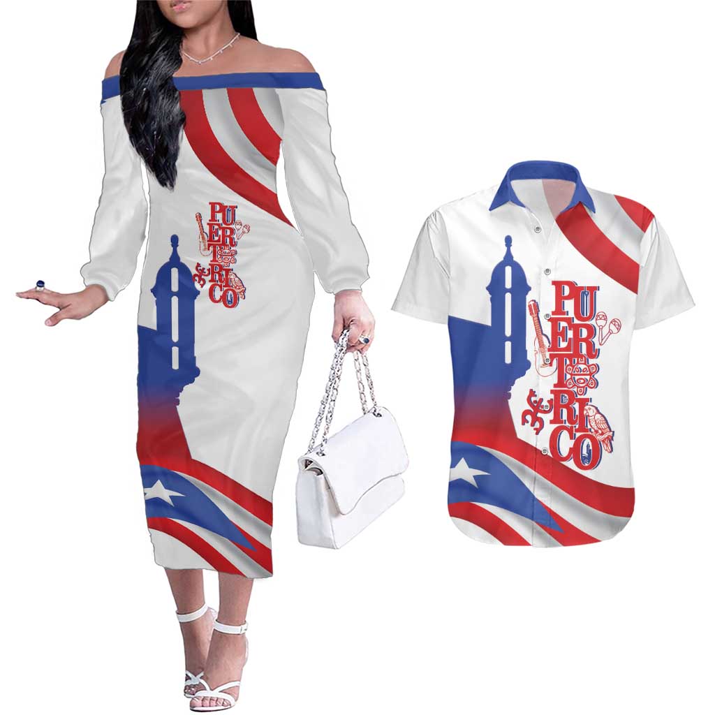 Puerto Rico Couples Matching Off The Shoulder Long Sleeve Dress and Hawaiian Shirt Puerto Rican Proud El Morro Flag Wave Style