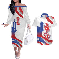 Puerto Rico Couples Matching Off The Shoulder Long Sleeve Dress and Hawaiian Shirt Puerto Rican Proud El Morro Flag Wave Style