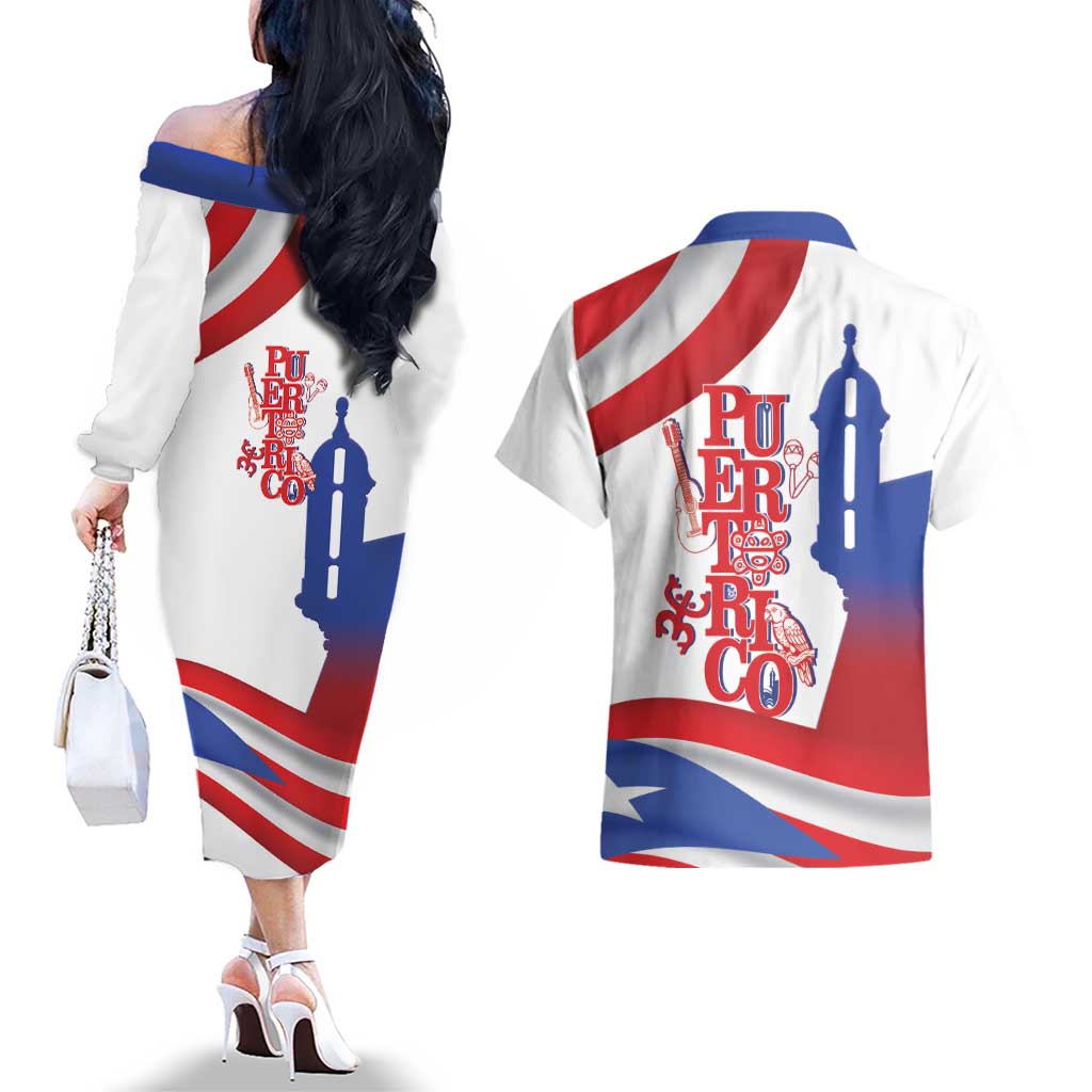 Puerto Rico Couples Matching Off The Shoulder Long Sleeve Dress and Hawaiian Shirt Puerto Rican Proud El Morro Flag Wave Style