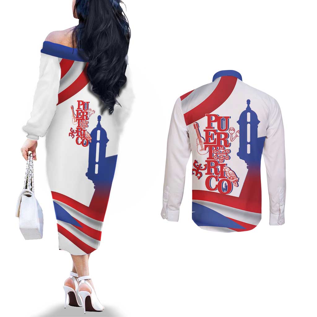 Puerto Rico Couples Matching Off The Shoulder Long Sleeve Dress and Long Sleeve Button Shirt Puerto Rican Proud El Morro Flag Wave Style