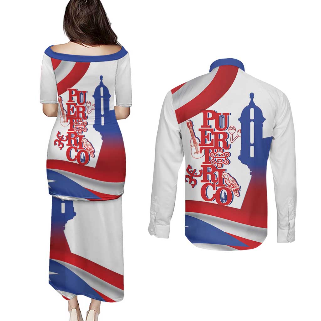 Puerto Rico Couples Matching Puletasi and Long Sleeve Button Shirt Puerto Rican Proud El Morro Flag Wave Style