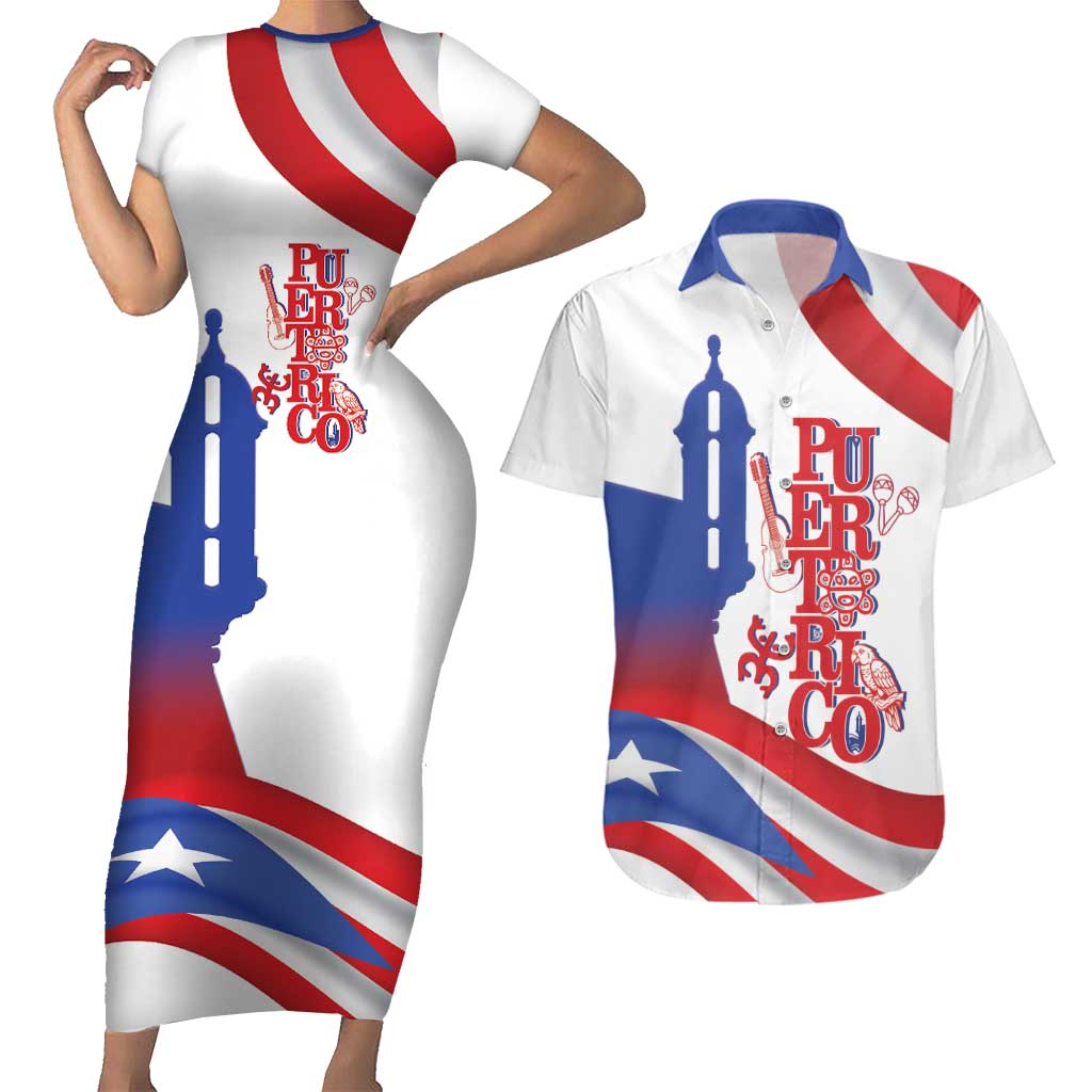 Puerto Rico Couples Matching Short Sleeve Bodycon Dress and Hawaiian Shirt Puerto Rican Proud El Morro Flag Wave Style