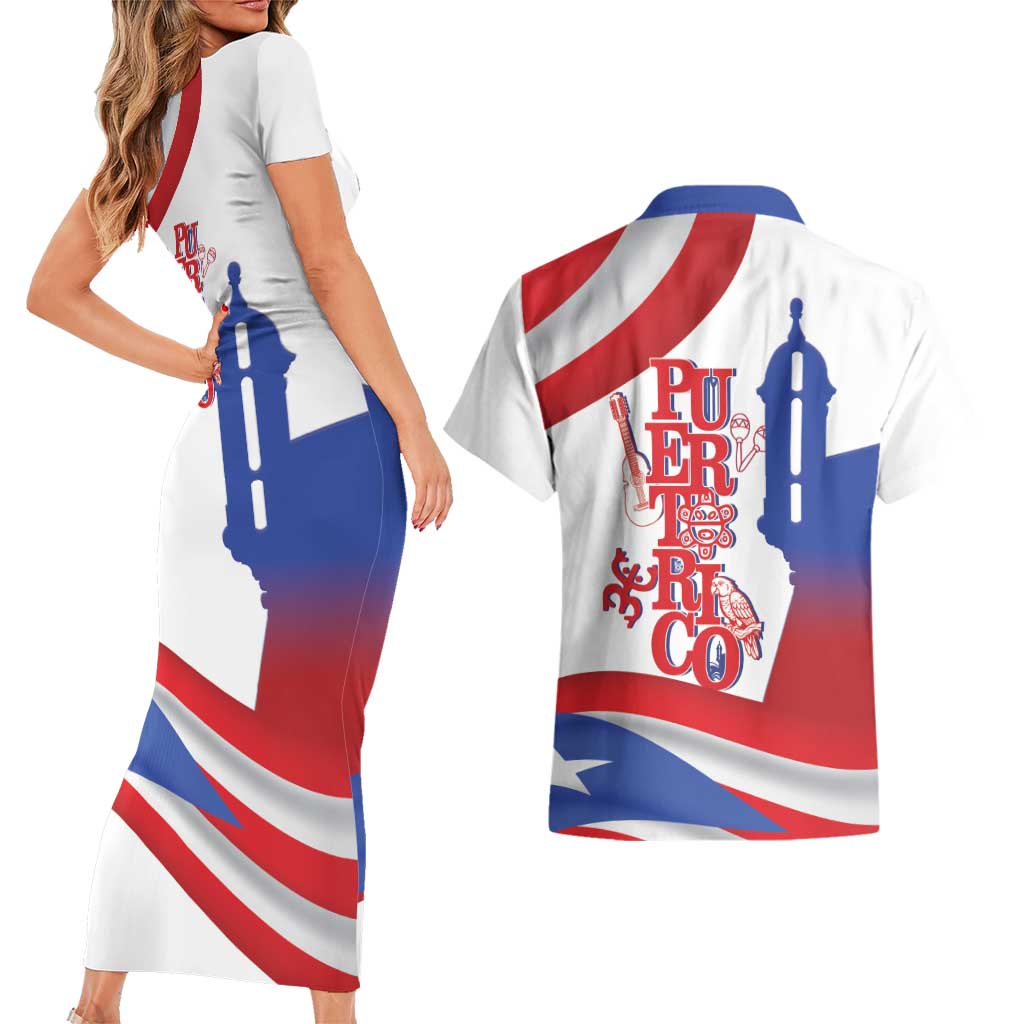 Puerto Rico Couples Matching Short Sleeve Bodycon Dress and Hawaiian Shirt Puerto Rican Proud El Morro Flag Wave Style
