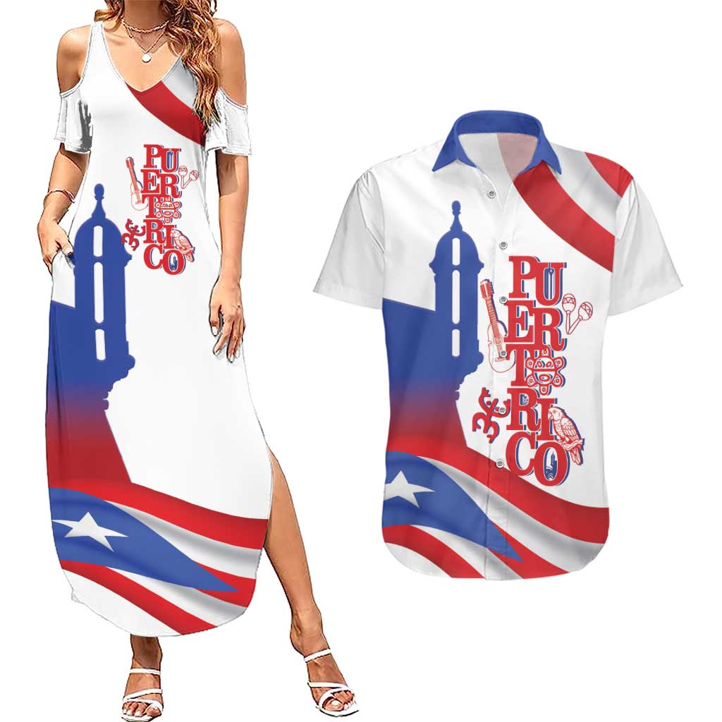 Puerto Rico Couples Matching Summer Maxi Dress and Hawaiian Shirt Puerto Rican Proud El Morro Flag Wave Style