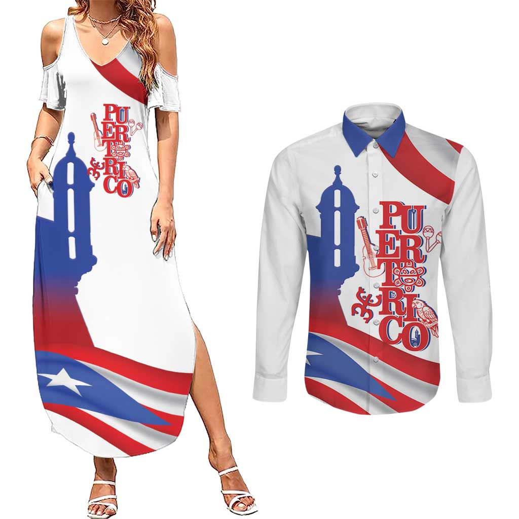 Puerto Rico Couples Matching Summer Maxi Dress and Long Sleeve Button Shirt Puerto Rican Proud El Morro Flag Wave Style