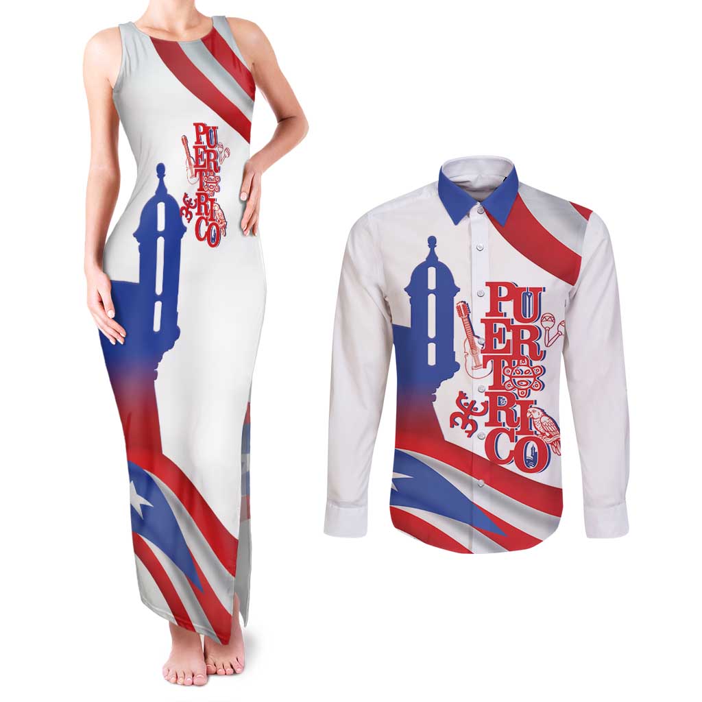 Puerto Rico Couples Matching Tank Maxi Dress and Long Sleeve Button Shirt Puerto Rican Proud El Morro Flag Wave Style