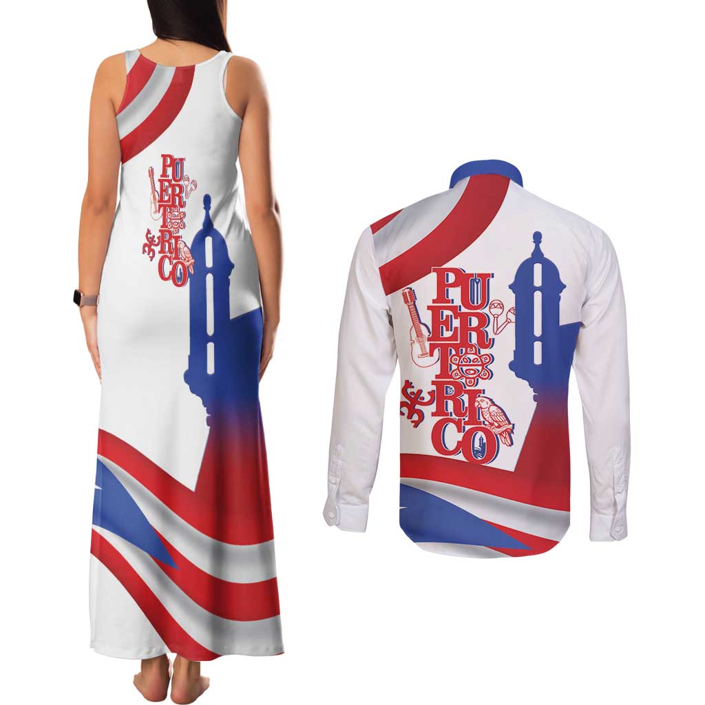 Puerto Rico Couples Matching Tank Maxi Dress and Long Sleeve Button Shirt Puerto Rican Proud El Morro Flag Wave Style