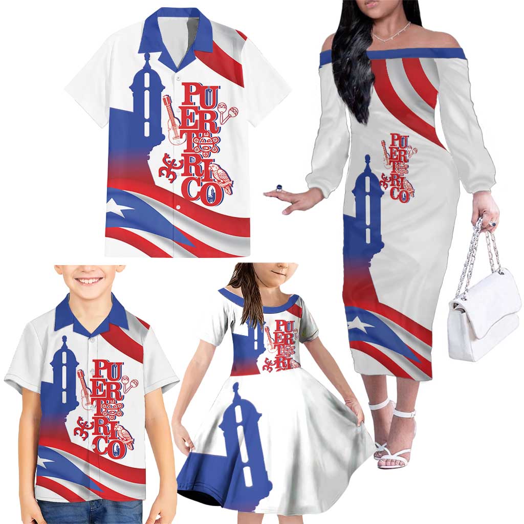 Puerto Rico Family Matching Off The Shoulder Long Sleeve Dress and Hawaiian Shirt Puerto Rican Proud El Morro Flag Wave Style
