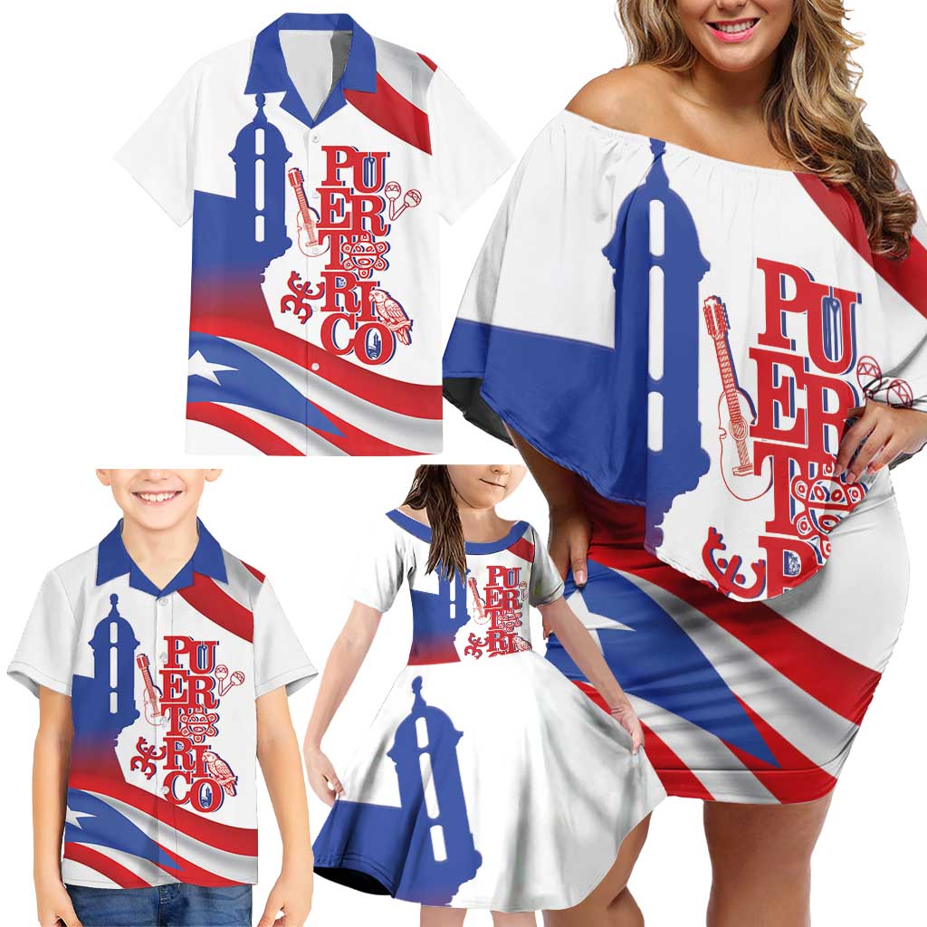 Puerto Rico Family Matching Off Shoulder Short Dress and Hawaiian Shirt Puerto Rican Proud El Morro Flag Wave Style