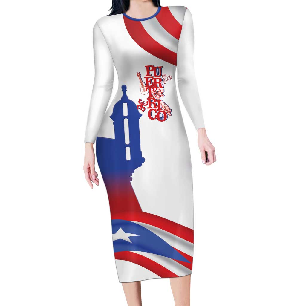 Puerto Rico Long Sleeve Bodycon Dress Puerto Rican Proud El Morro Flag Wave Style