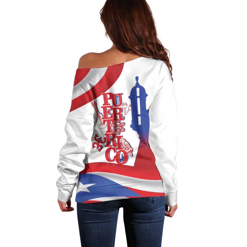 Puerto Rico Off Shoulder Sweater Puerto Rican Proud El Morro Flag Wave Style