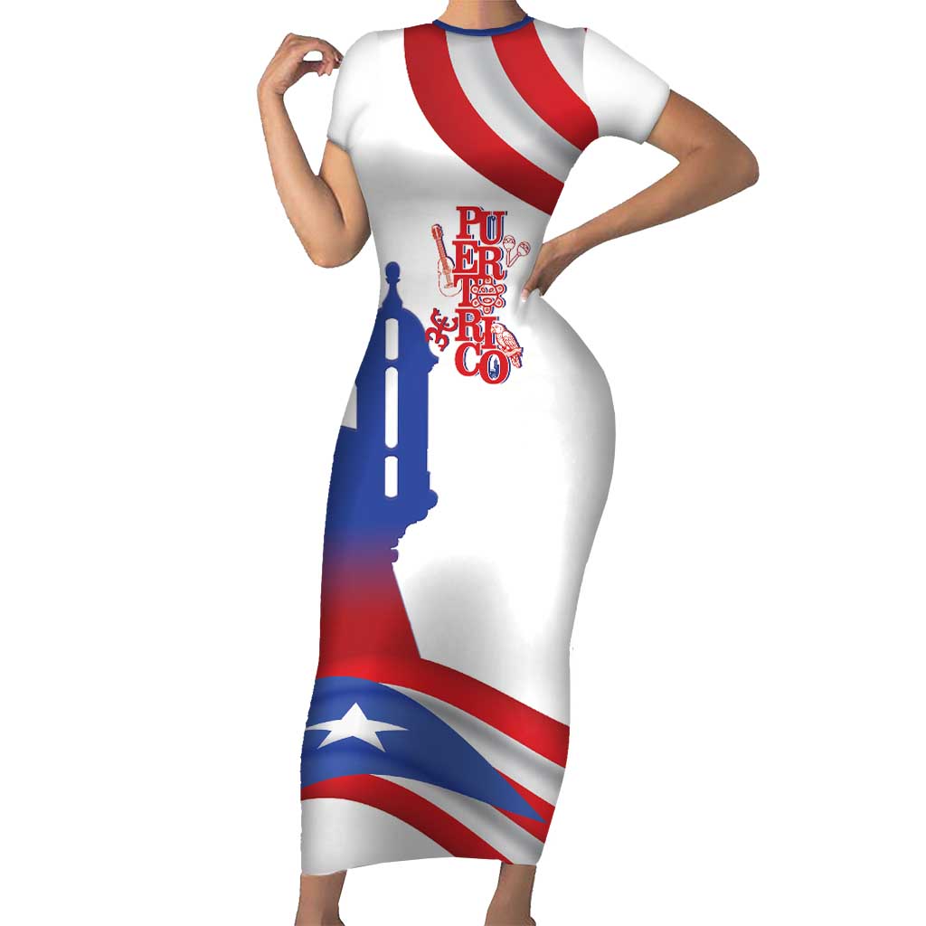 Puerto Rico Short Sleeve Bodycon Dress Puerto Rican Proud El Morro Flag Wave Style