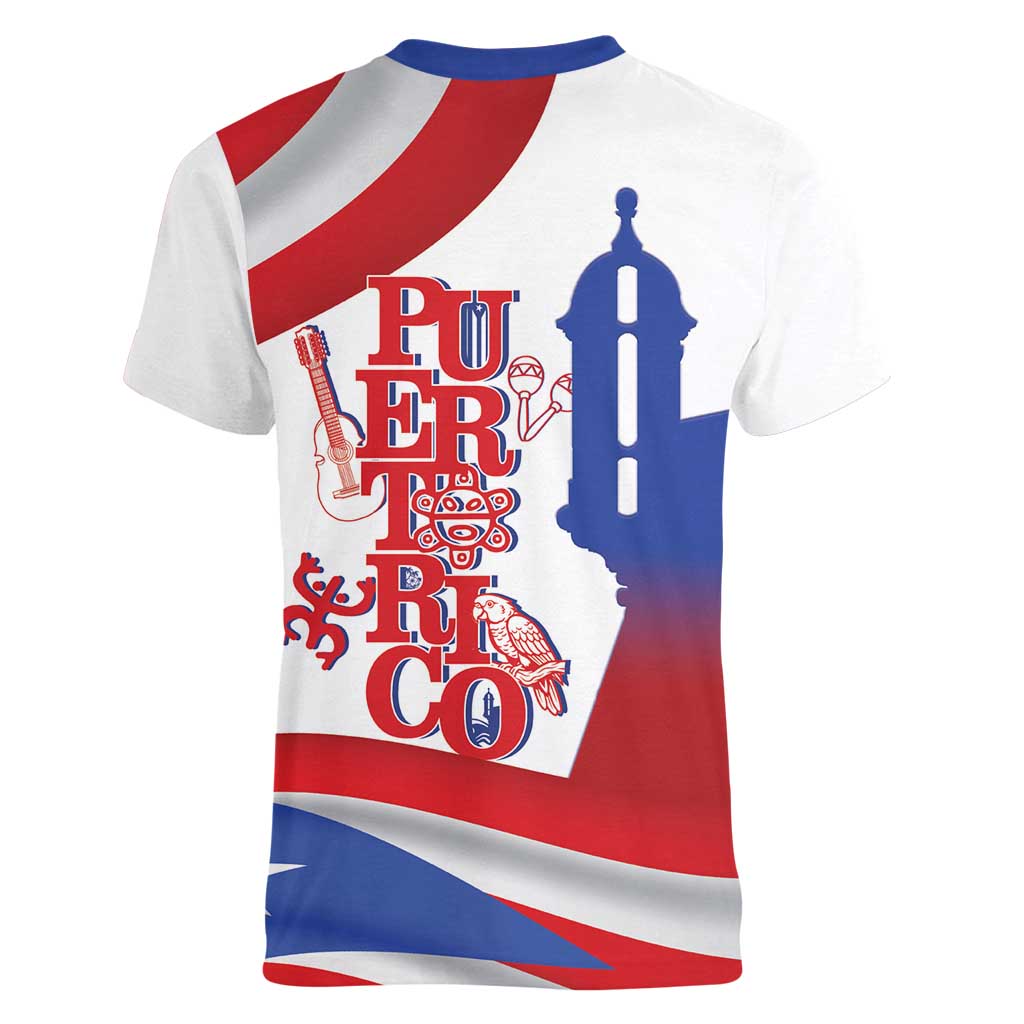 Puerto Rico Women V-Neck T-Shirt Puerto Rican Proud El Morro Flag Wave Style