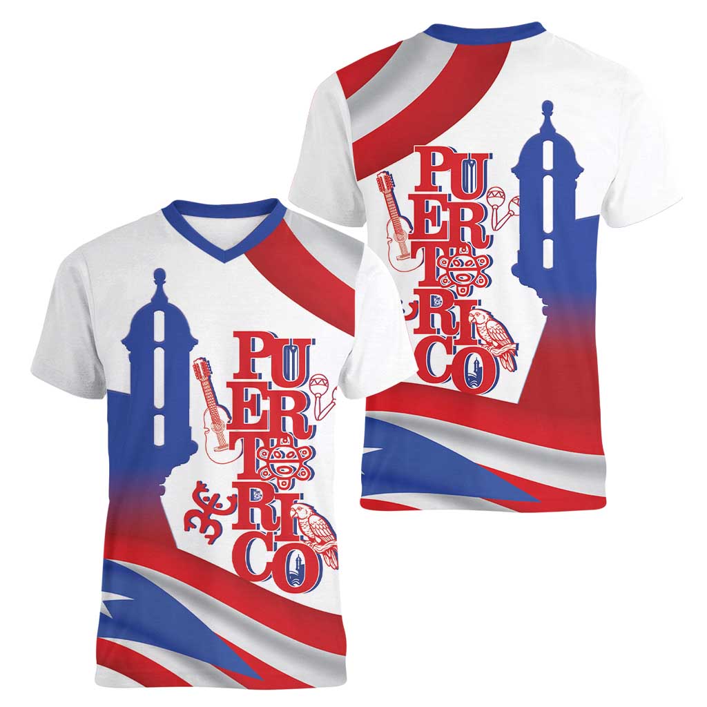 Puerto Rico Women V-Neck T-Shirt Puerto Rican Proud El Morro Flag Wave Style