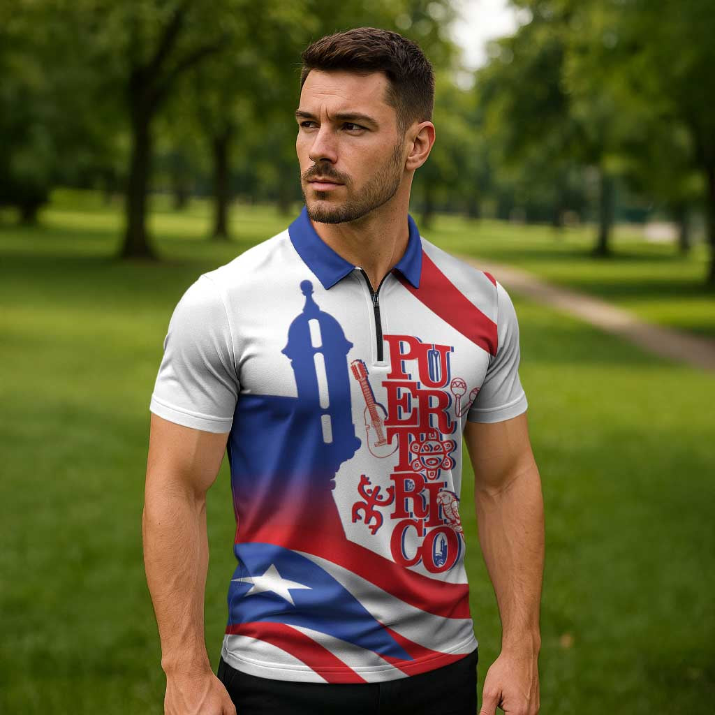 Puerto Rico Zipper Polo Shirt Puerto Rican Proud El Morro Flag Wave Style