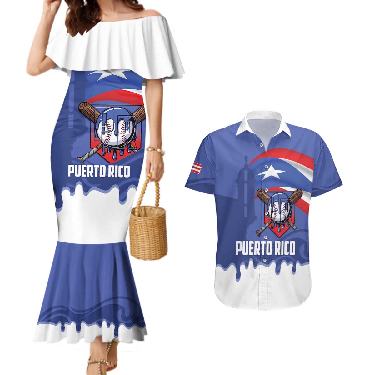 Puerto Rico 2026 Baseball Custom Couples Matching Mermaid Dress and Hawaiian Shirt Go Puerto Rican El Morro Drip Style