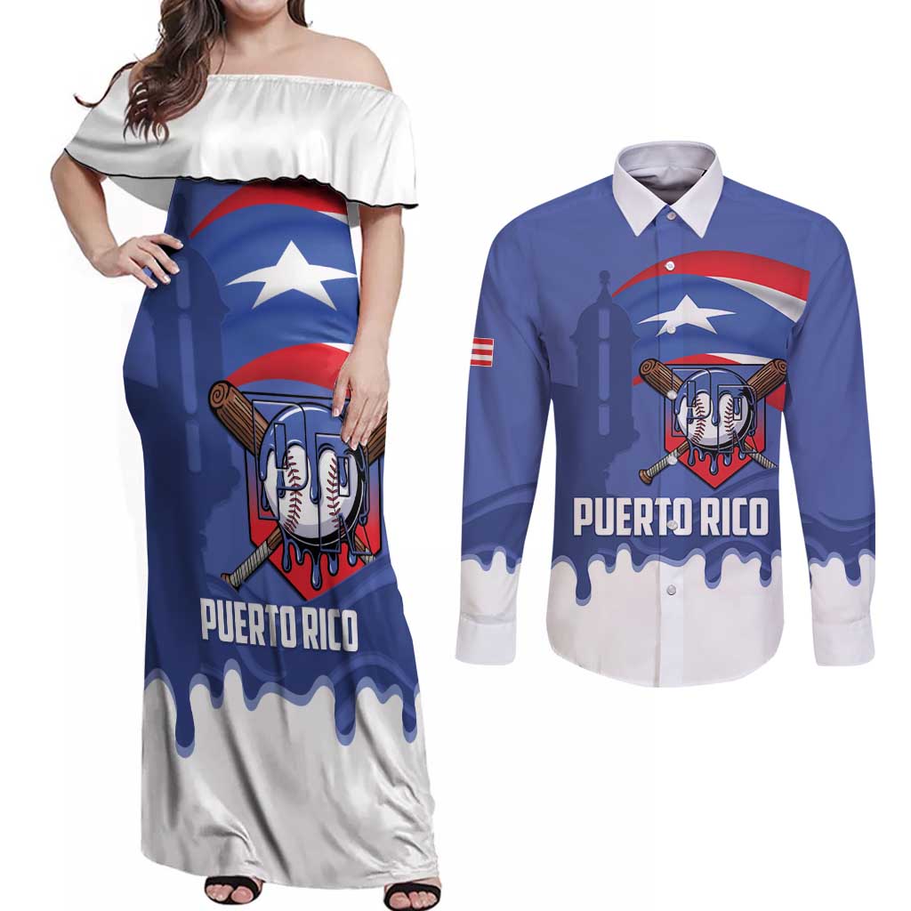 Puerto Rico 2026 Baseball Custom Couples Matching Off Shoulder Maxi Dress and Long Sleeve Button Shirt Go Puerto Rican El Morro Drip Style