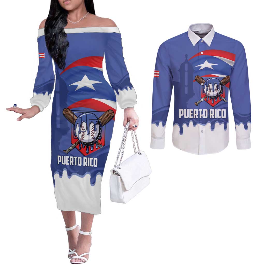 Puerto Rico 2026 Baseball Custom Couples Matching Off The Shoulder Long Sleeve Dress and Long Sleeve Button Shirt Go Puerto Rican El Morro Drip Style
