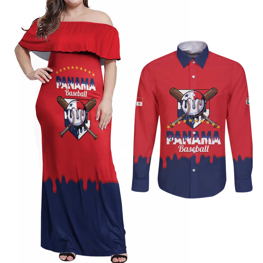 Panama 2026 Baseball Custom Couples Matching Off Shoulder Maxi Dress and Long Sleeve Button Shirt Go Champions Drip Style