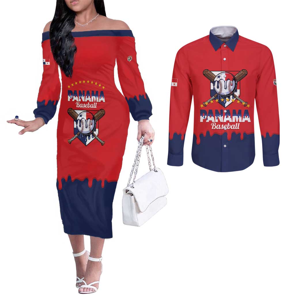 Panama 2026 Baseball Custom Couples Matching Off The Shoulder Long Sleeve Dress and Long Sleeve Button Shirt Go Champions Drip Style