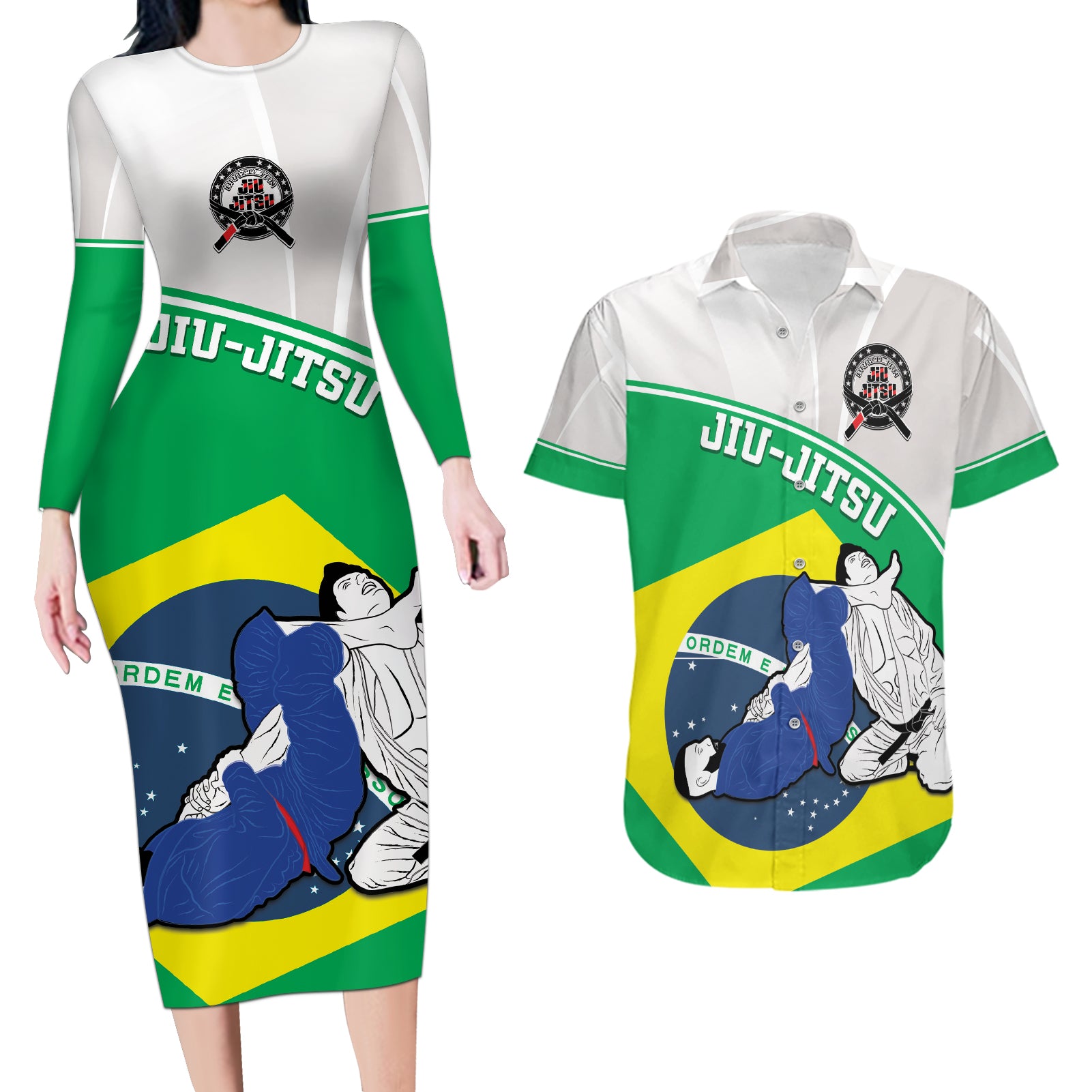 Brazil Jiujitsu Couples Matching Long Sleeve Bodycon Dress and Hawaiian Shirt BJJ 2024 Flag Vibes - Wonder Print Shop