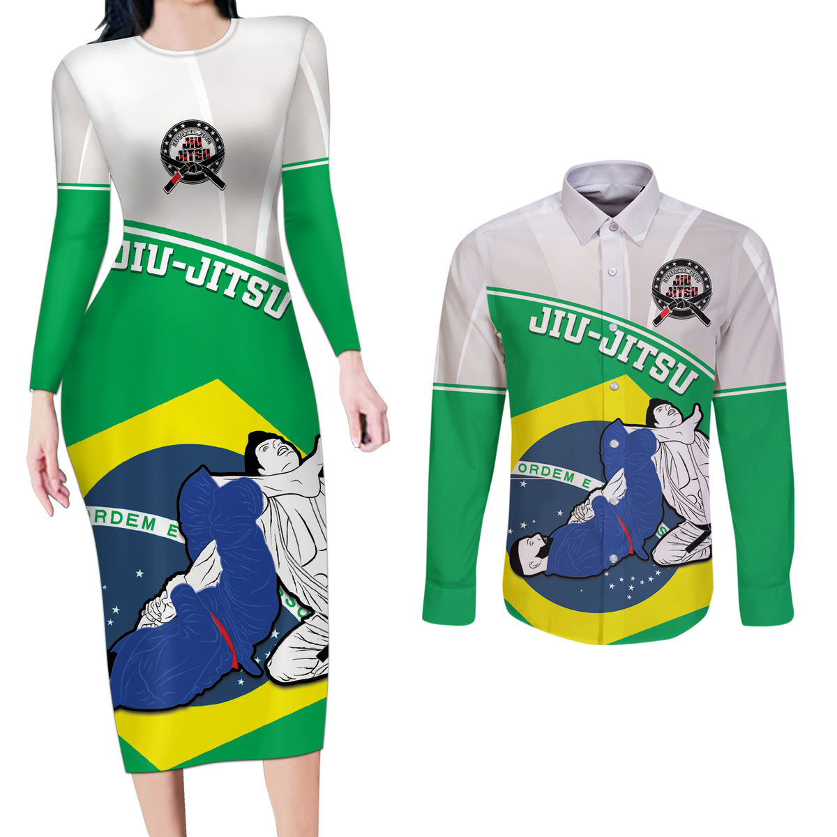 Brazil Jiujitsu Couples Matching Long Sleeve Bodycon Dress and Long Sleeve Button Shirt BJJ 2024 Flag Vibes - Wonder Print Shop
