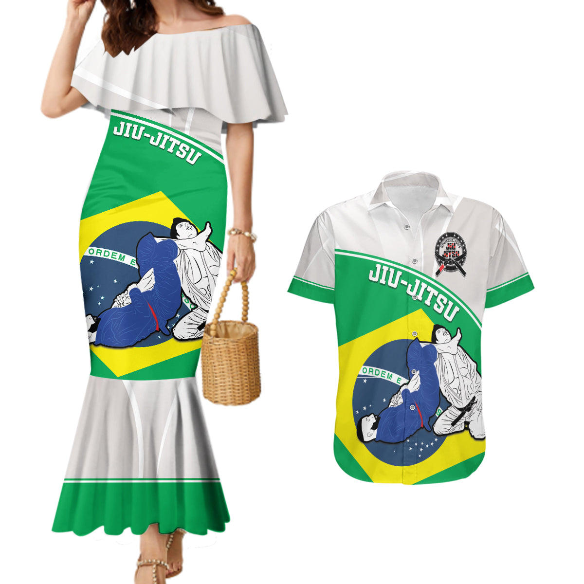 Brazil Jiujitsu Couples Matching Mermaid Dress and Hawaiian Shirt BJJ 2024 Flag Vibes - Wonder Print Shop