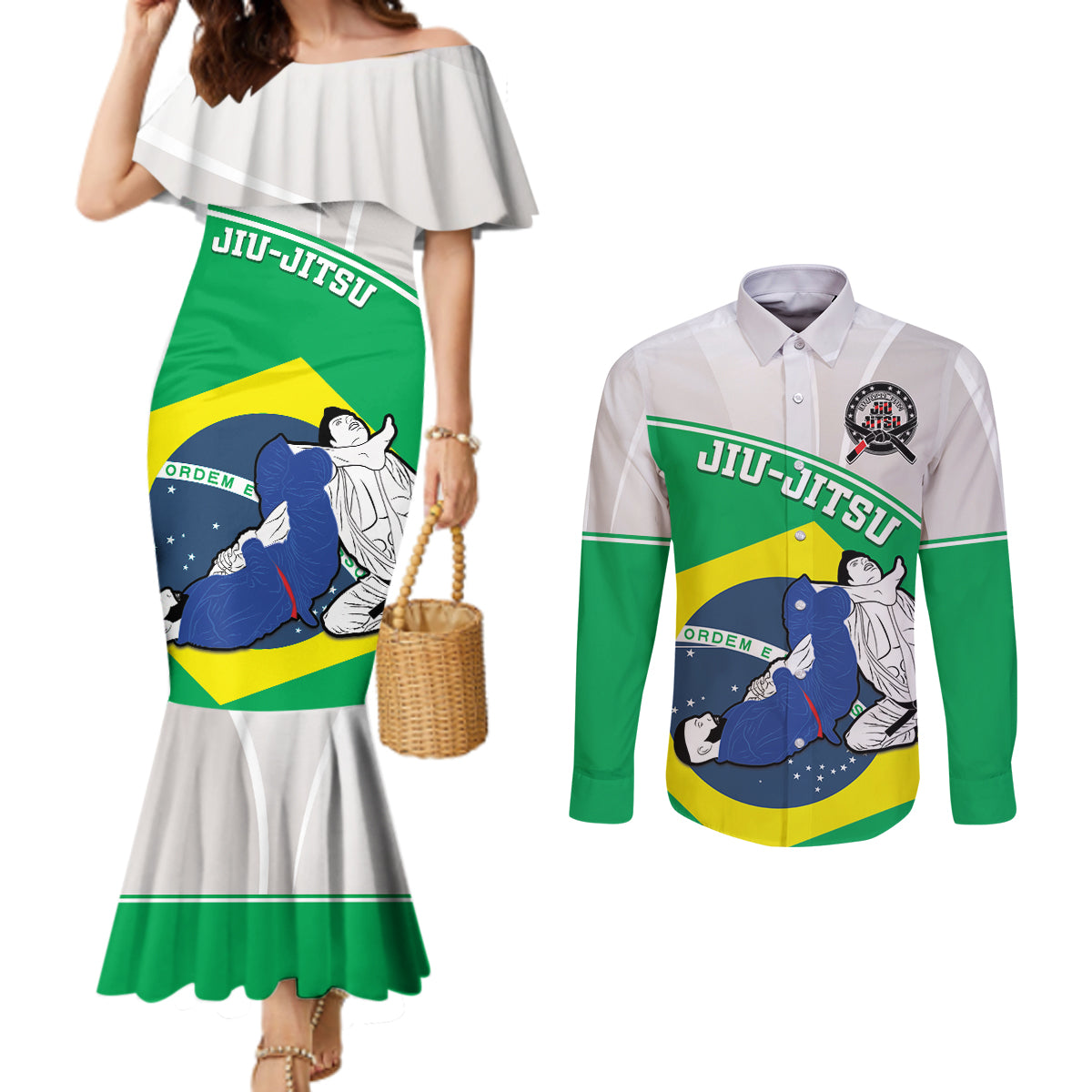 Brazil Jiujitsu Couples Matching Mermaid Dress and Long Sleeve Button Shirt BJJ 2024 Flag Vibes