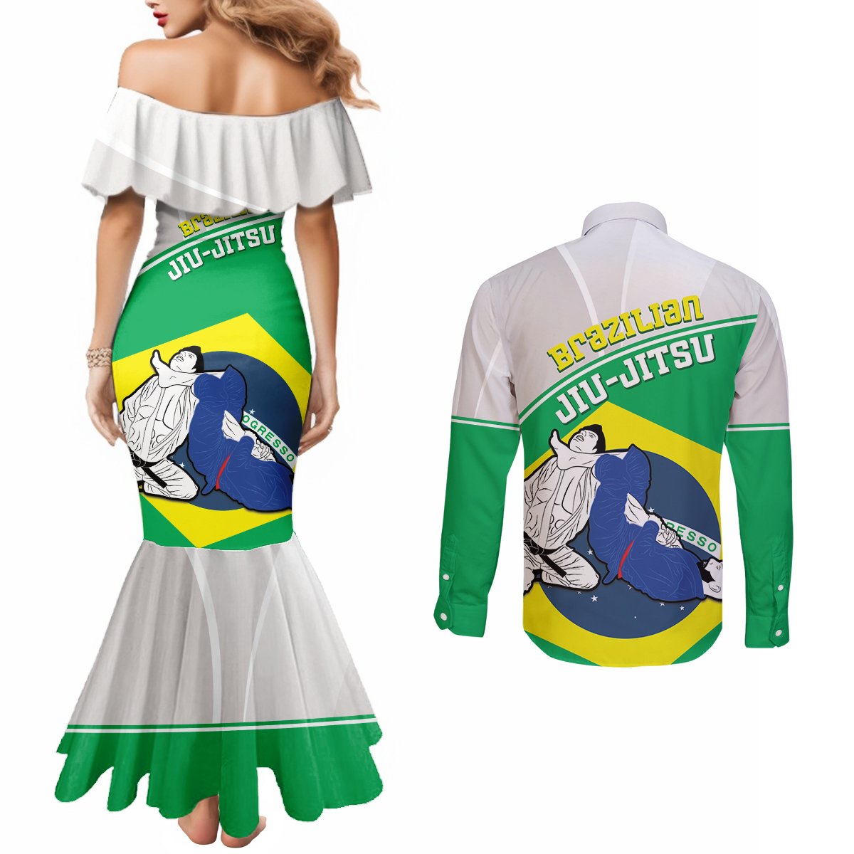 Brazil Jiujitsu Couples Matching Mermaid Dress and Long Sleeve Button Shirt BJJ 2024 Flag Vibes