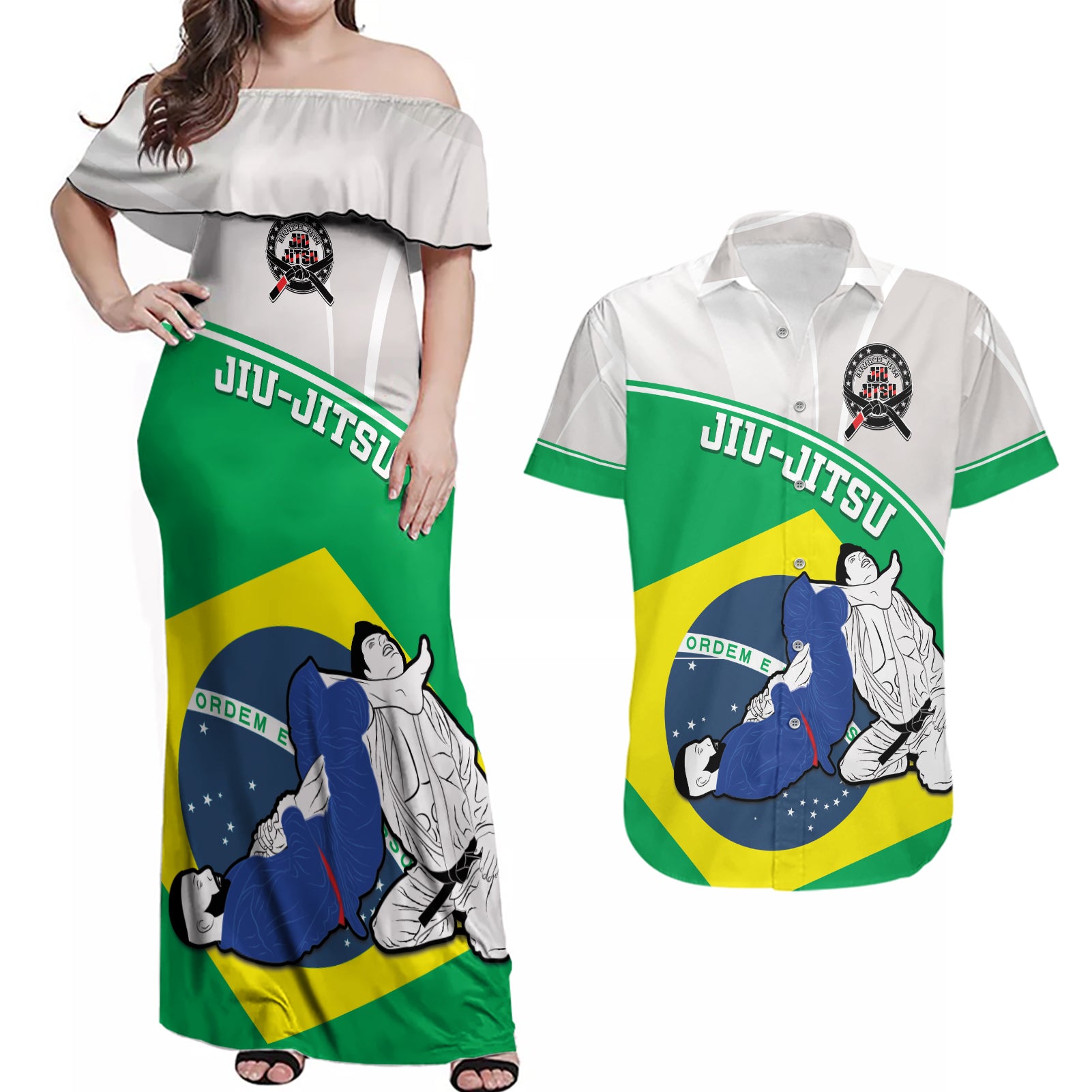 Brazil Jiujitsu Couples Matching Off Shoulder Maxi Dress and Hawaiian Shirt BJJ 2024 Flag Vibes - Wonder Print Shop