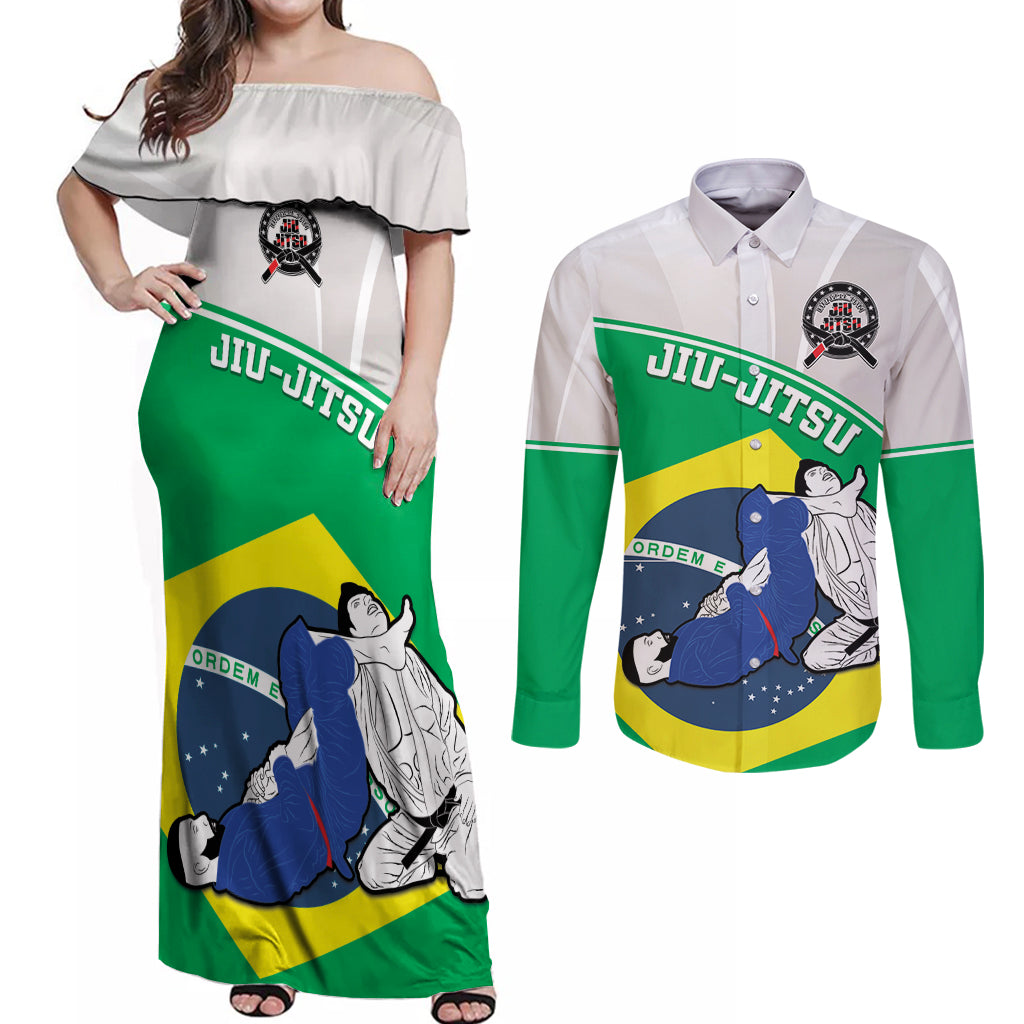 Brazil Jiujitsu Couples Matching Off Shoulder Maxi Dress and Long Sleeve Button Shirt BJJ 2024 Flag Vibes - Wonder Print Shop
