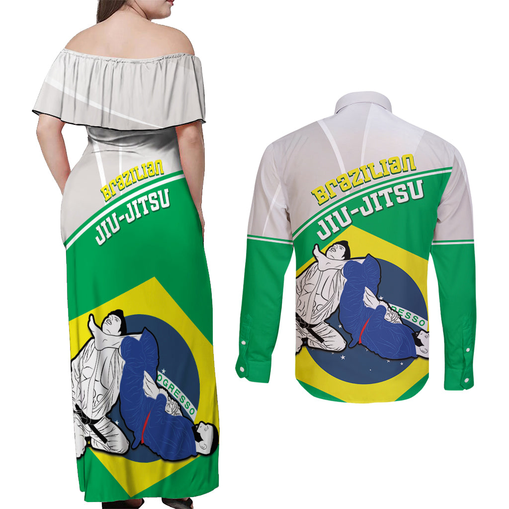 Brazil Jiujitsu Couples Matching Off Shoulder Maxi Dress and Long Sleeve Button Shirt BJJ 2024 Flag Vibes - Wonder Print Shop