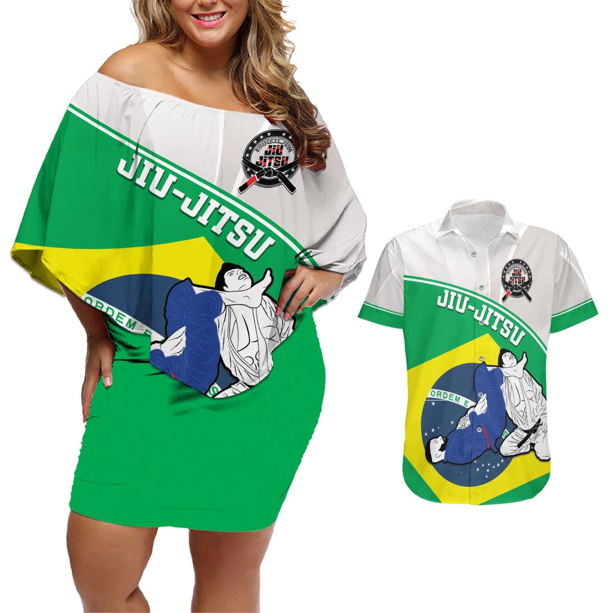 Brazil Jiujitsu Couples Matching Off Shoulder Short Dress and Hawaiian Shirt BJJ 2024 Flag Vibes - Wonder Print Shop