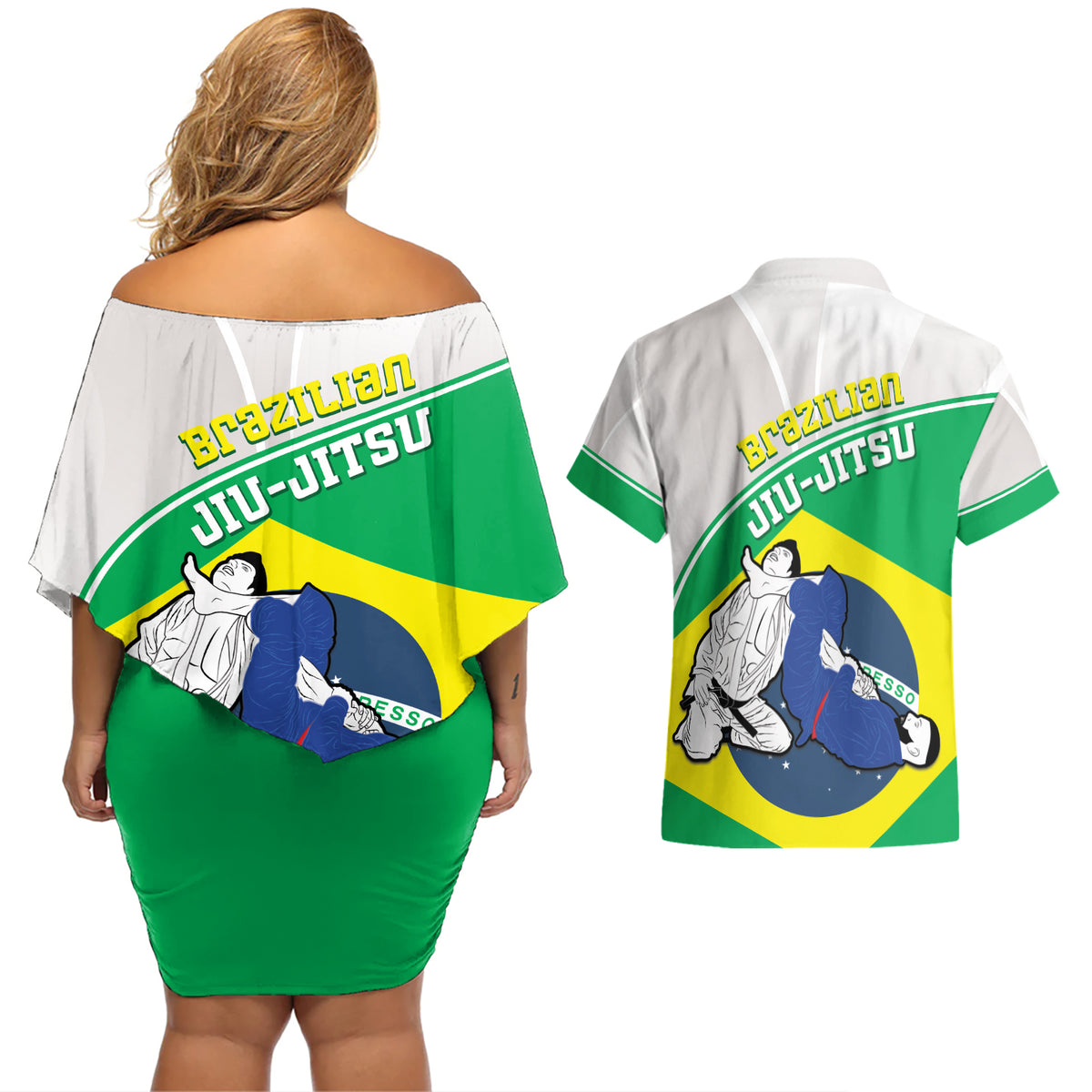 Brazil Jiujitsu Couples Matching Off Shoulder Short Dress and Hawaiian Shirt BJJ 2024 Flag Vibes - Wonder Print Shop