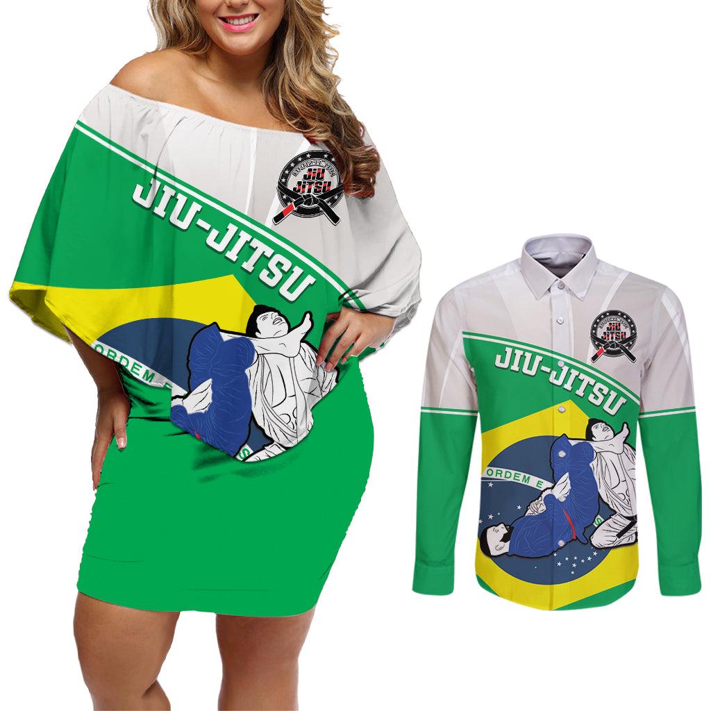 Brazil Jiujitsu Couples Matching Off Shoulder Short Dress and Long Sleeve Button Shirt BJJ 2024 Flag Vibes - Wonder Print Shop