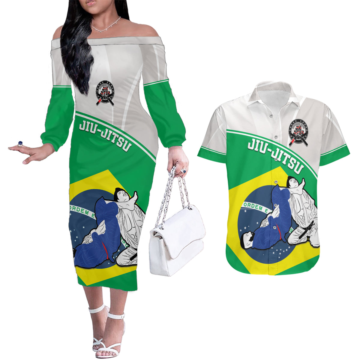 Brazil Jiujitsu Couples Matching Off The Shoulder Long Sleeve Dress and Hawaiian Shirt BJJ 2024 Flag Vibes - Wonder Print Shop