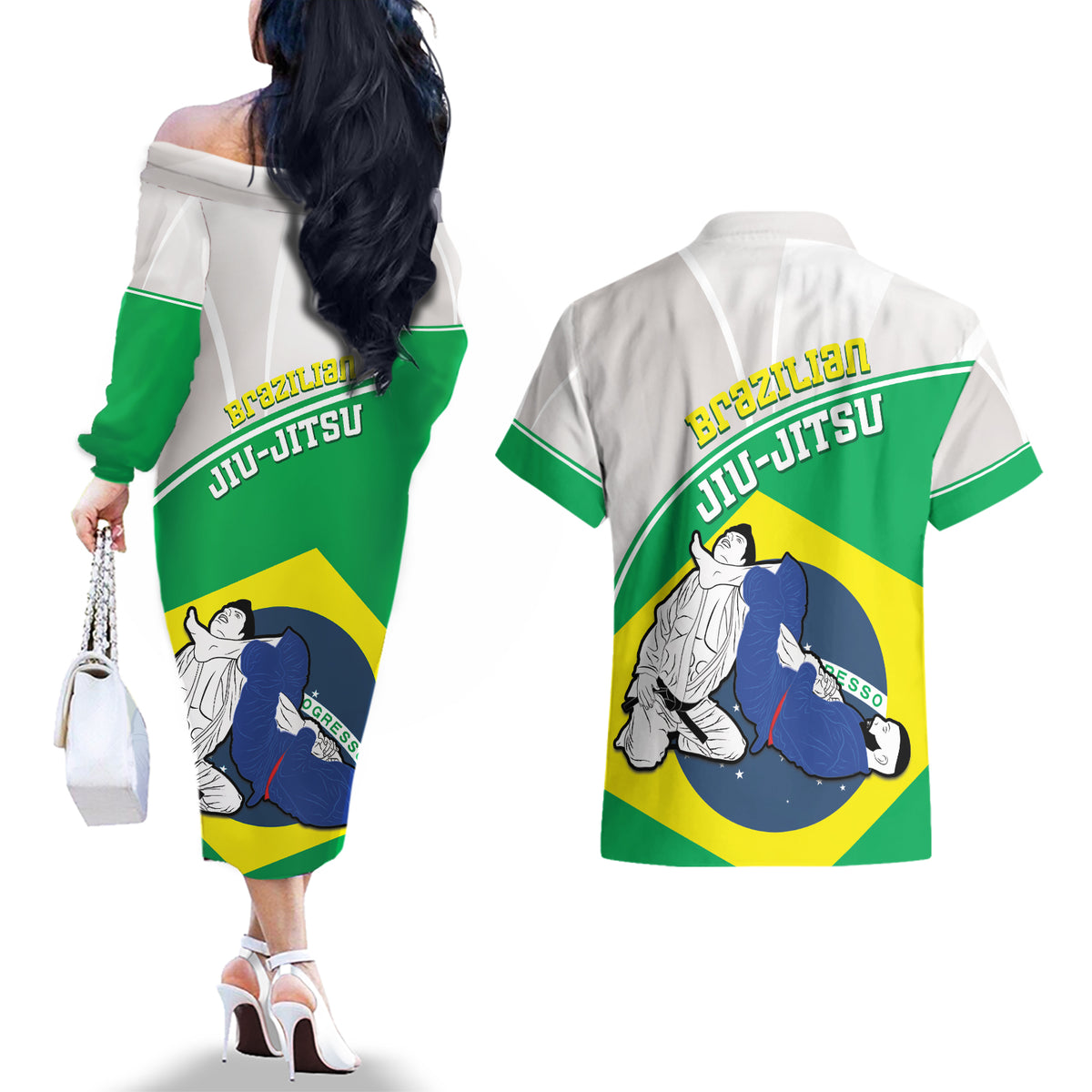Brazil Jiujitsu Couples Matching Off The Shoulder Long Sleeve Dress and Hawaiian Shirt BJJ 2024 Flag Vibes - Wonder Print Shop
