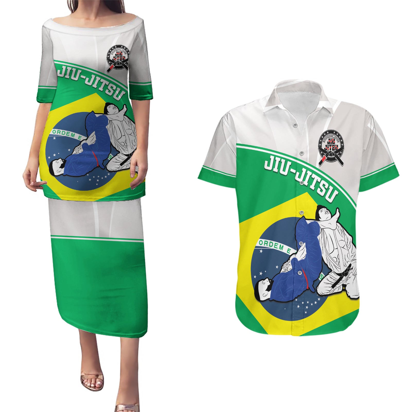Brazil Jiujitsu Couples Matching Puletasi and Hawaiian Shirt BJJ 2024 Flag Vibes