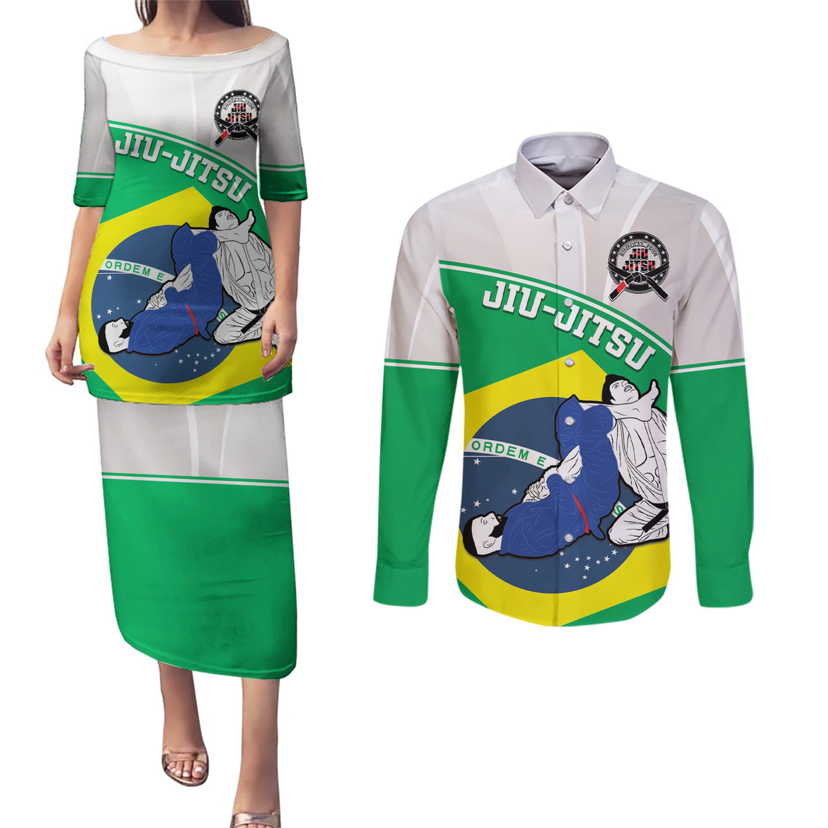 Brazil Jiujitsu Couples Matching Puletasi and Long Sleeve Button Shirt BJJ 2024 Flag Vibes - Wonder Print Shop