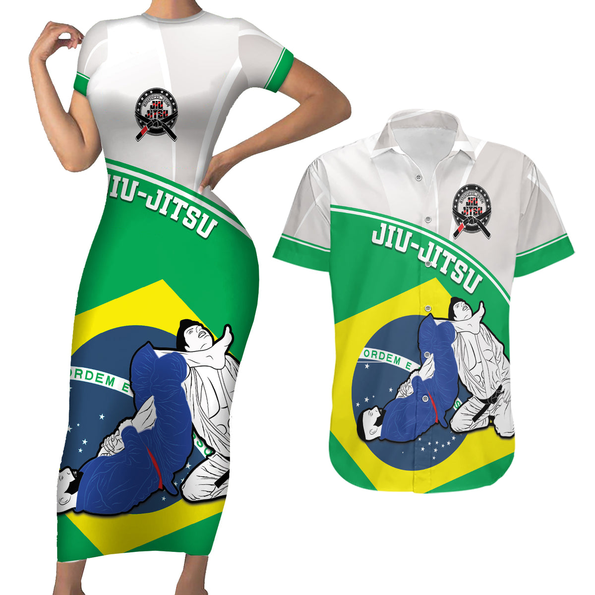 Brazil Jiujitsu Couples Matching Short Sleeve Bodycon Dress and Hawaiian Shirt BJJ 2024 Flag Vibes - Wonder Print Shop